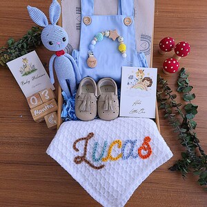 Personalized Baby Boy Gift Set: Knit Blanket, Romper, Bunny
