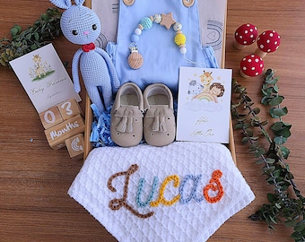 Personalized Baby Boy Gift Set: Knit Blanket, Romper, Bunny