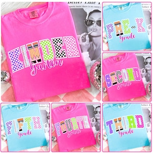 Retro Back to School Girls PNG Checkered Bundle, Kindergarten Kid Design, First Day Shirt PNG, Pre-K to Fourth Grade Png, School Girl File