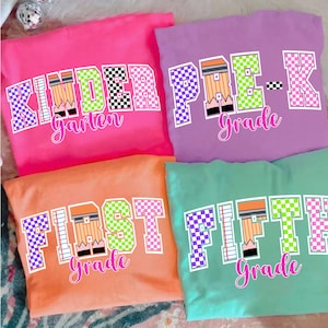 Retro Back to School Girls PNG Checkered Bundle, Kindergarten Kid Design, First Day Shirt PNG, Pre-K to Fourth Grade Png, School Girl File
