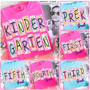 Preppy Back to School Floral Bundle Neon PNG, Custom Teacher First Day of School Daisy Floral Png, Girly Back to School 1st/2nd/3rd Grade
