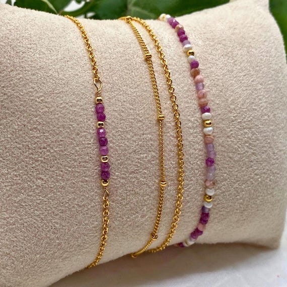 Or Rose | Coffret 3 Bracelets en Or 14k et Pierres Roses | Bracelet Pierre Naturelle | Coffret Cadeau | Style Minimaliste | Cadeau pour elle