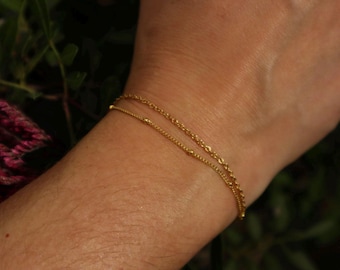 Baïa | 14K Gold Double Bracelet | Thin Gold Bracelet | Stackable Bracelet | Beaded Satellite Chain | Minimalist Style | Gift for Her