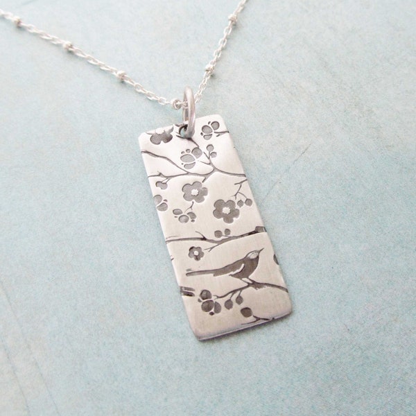 Sterling Silver Mothers  Bird Necklace Custom Double sided - A Bird In the Heart  - Long Rectangle High Quality Personalized stamped