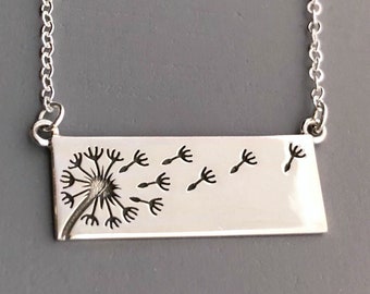 Sterling Silver Dandelion Necklace Rectangle Pendant With Fly Away Wishy