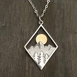 Sterling Silver Diamond Pine Tree Forest and Mountain Wilderness Necklace
