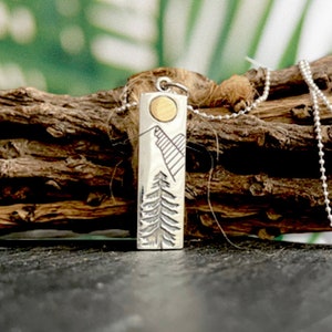 Sterling Silver Etched Pine Tree Forest and Mountain Wilderness Necklace