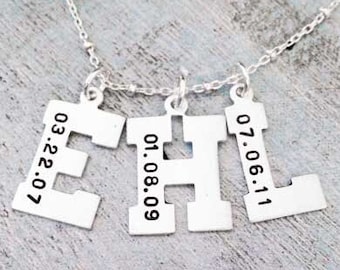 Sterling Silver Custom Initials Necklace Sterling Silver Letter Necklace Sterling SIlver Birthdate Necklace Children Mother Baby