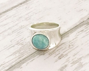 Sterling Silver Wide Band Ring Blue Amazonite Sea Glass Black OnyxShiny Comfortable Turquoise