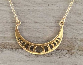 Golden Moon Phases Necklace Lunar Necklace I love you to the moon and back Gold Matte Moon Phases Necklace Sterling Silver Moon Phases