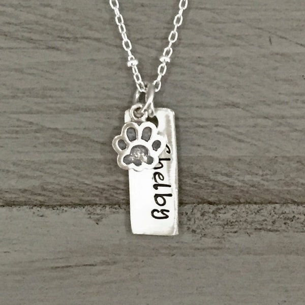 Sterling Silver Small Paw Necklace - Animal Name Necklace - Cat Dog