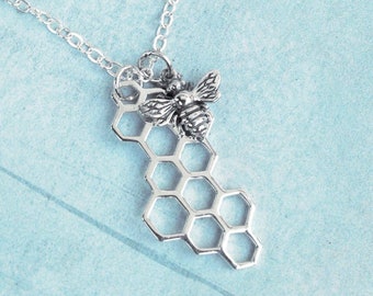 Sterling Silver Bee and Honeycomb Necklace Gold Bee and Honeycomb Necklace  Honey Bee Necklace Queen Bee Necklace