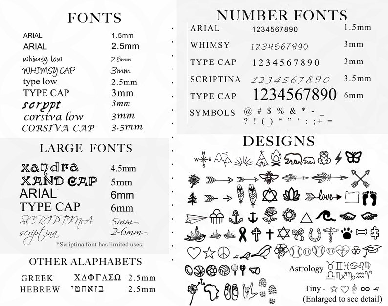 May include: A chart showing different font styles and sizes, along with a list of numbers and symbols. The chart also includes a variety of design elements, such as arrows, hearts, stars, and animals. The text on the chart includes the words "Fonts", "Number Fonts", "Designs", "Large Fonts", "Other Alphabets", "Greek", "Hebrew", "Scriptina font has limited uses", "Astrology", "Tiny", "Enlarged to see detail".