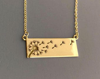 Gold Dandelion Necklace Rectangle Pendant With Fly Away Wishy Sterling Silver