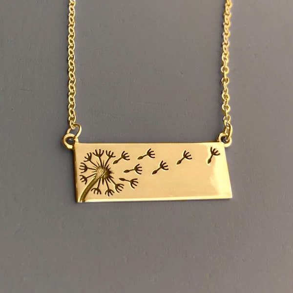 Gold Dandelion Necklace Rectangle Pendant With Fly Away Wishy Sterling Silver