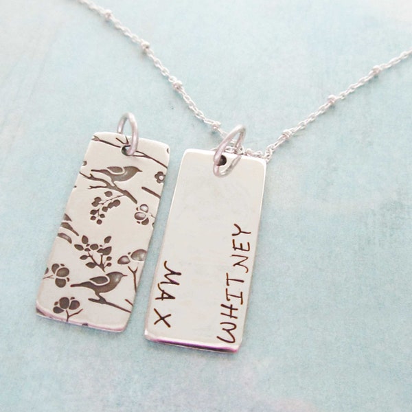 Sterling Silver Mothers  Bird Necklace Custom Double sided - A Bird In the Heart  - Long Rectangle High Quality Personalized stamped