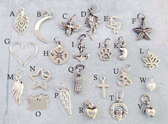 Sterling Silver Charm Peacock Moon Fish Dove Starfish Heart Compass Anchor Paw Bean Lotus Wing Star Oregon Peanut Cross Claddagh Ohm Apple