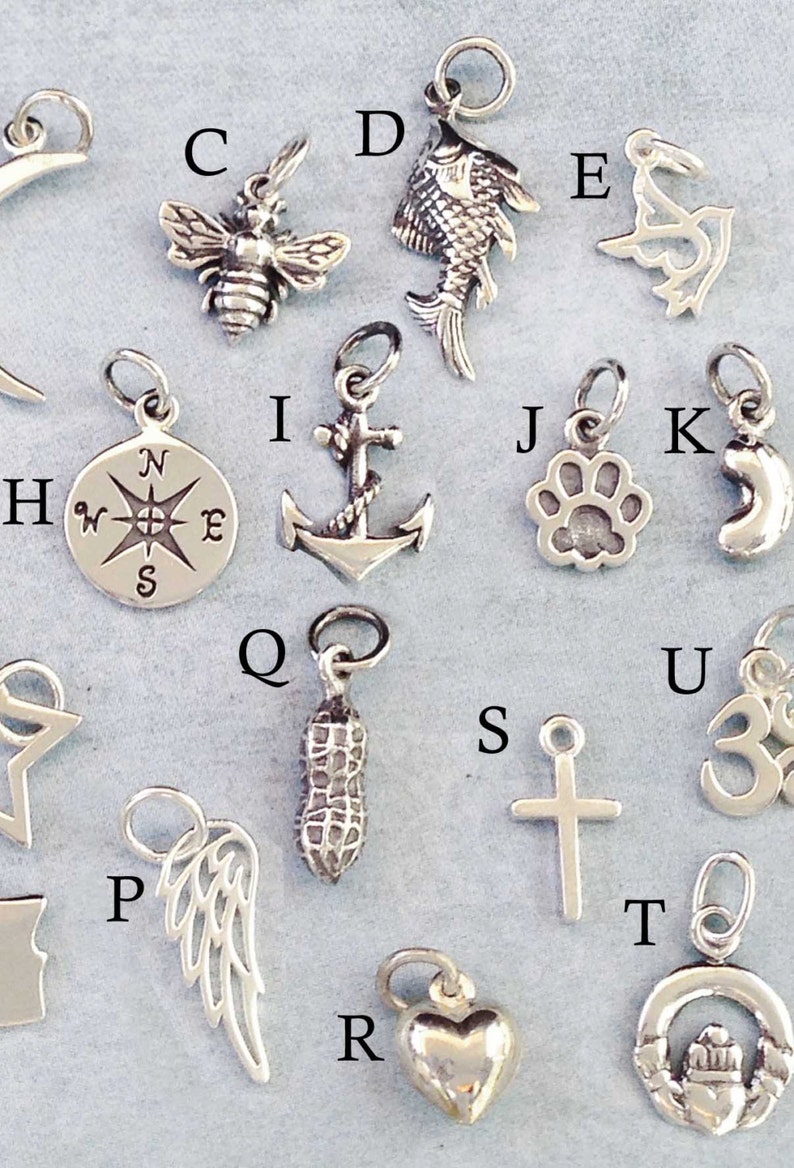 May include: A collection of 16 silver charm pendants, each featuring a different design. The charms include a bee, a fish, a compass, an anchor, a paw print, a crescent moon, a star, a peanut, a cross, a heart, a horseshoe, and an Om symbol.