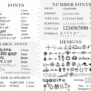 May include: A chart showing different font styles and sizes, along with a list of numbers and symbols. The chart also includes a variety of design elements, such as arrows, hearts, stars, and animals. The text on the chart includes the words "Fonts", "Number Fonts", "Designs", "Large Fonts", "Other Alphabets", "Greek", "Hebrew", "Scriptina font has limited uses", "Astrology", "Tiny", "Enlarged to see detail".