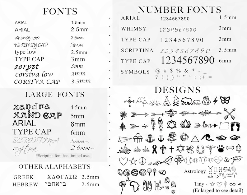 May include: A chart showing different font styles and sizes, along with a list of numbers and symbols. The chart also includes a variety of design elements, such as arrows, hearts, stars, and animals. The text on the chart includes the words "Fonts", "Number Fonts", "Designs", "Large Fonts", "Other Alphabets", "Greek", "Hebrew", "Scriptina font has limited uses", "Astrology", "Tiny", "Enlarged to see detail".