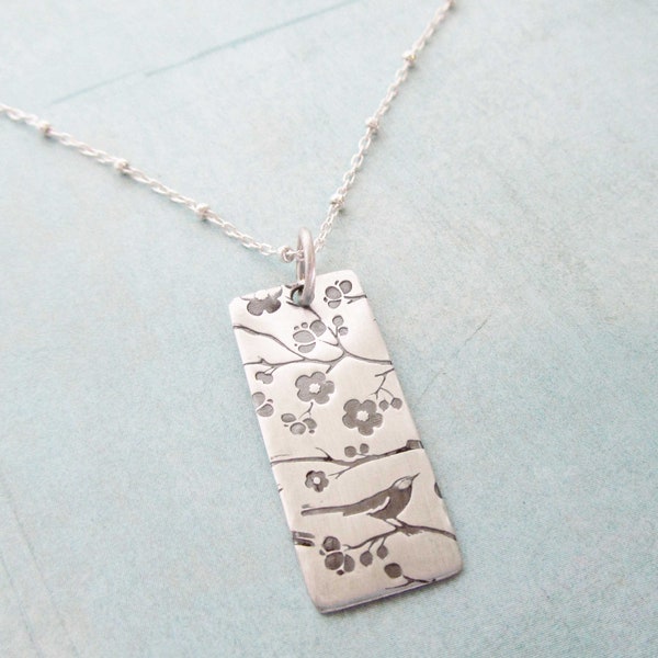 Sterling Silver Mothers  Bird Necklace Custom Double sided - A Bird In the Heart  - Long Rectangle High Quality Personalized stamped