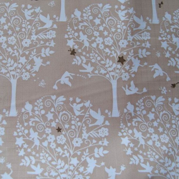 Lovely waterproof vinyl fabric - Bird, Fairy and Tree (Light Brown) - by the meter