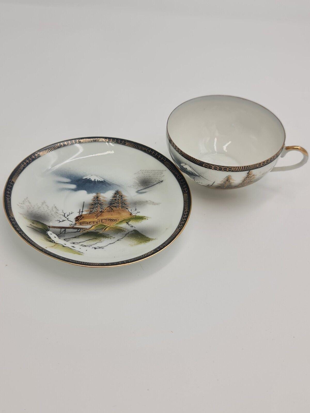 Lithophane Geisha Porcelain Cup Saucer  Hand Painting Japanese Vintage Scenic