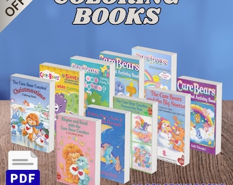 May include: A collection of ten Care Bears coloring books featuring various character illustrations and titles such as Christmastime, Rhyme and Read, and The Big Sneeze. The books are displayed together with text stating Coloring Books, 10 Coloring Books, and 477 Pages.