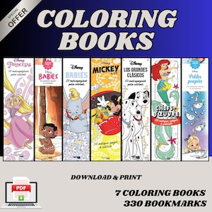 Può includere: Una collezione digitale di sette libri da colorare a tema Disney con 330 segnalibri stampabili. I disegni includono personaggi come Raperonzolo, Dumbo, Topolino, Pluto, la Carica dei 101, Ariel e Alice, con etichette di testo per ciascuno.