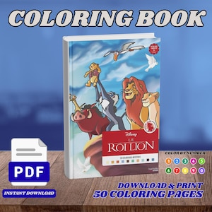 Può includere: Un libro da colorare digitale intitolato Disney Le Roi Lion con illustrazioni di Simba, Mufasa, Nala, Pumbaa e Rafiki. La copertina include una guida da colorare per numero con cerchi numerati da 1 a 0 e 50 pagine da colorare.