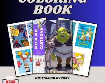Livre couleur par numéros : dessins animés Mega Mix, 100 pages (téléchargement numérique PDF)