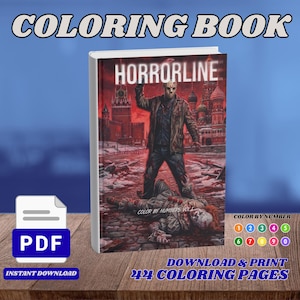 以下が含まれることがあります： HORRORLINEというタイトルの塗り絵。ホッケーマスクを被った人物が石畳の道でピエロの上に立っており、背景には赤い街並みが描かれている。表紙にはCOLOR BY NUMBERS VOL 1の文字と、色分けされた数字のキーが含まれている。
