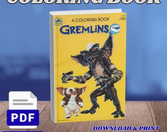 May include: A yellow coloring book featuring the title Gremlins in blue text, with an illustration of a small furry creature and a larger, sharp-toothed creature. The cover includes the Golden logo and the text A Coloring Book, 1143-20, and 99 cents.