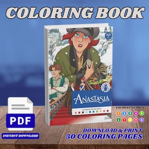 Puede incluir: Un libro para colorear de Anastasia con una ilustración de portada de personajes en una escalera, el título Anastasia, el texto 50 coloriages mystères inédits y una guía de colorear por números con círculos numerados del 1 al 0.