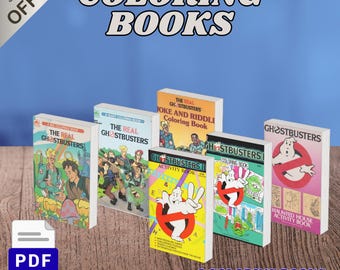 May include: A collection of six The Real Ghostbusters coloring and activity books featuring various character illustrations, the iconic ghost logo, and titles like Joke and Riddle Coloring Book and Haunted House Activity Book, totaling 391 pages in PDF format.