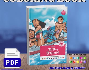 May include: A Lilo and Stitch coloring book featuring a cover illustration of characters in a boat on water. The book cover displays the title Lilo et Stitch, a pink circular emblem, and a color-by-number guide with ten numbered circles.