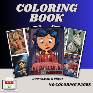 Pu&ograve; includere: Un libro da colorare digitale contenente 40 pagine con illustrazioni di personaggi e scene. La copertina mostra un personaggio dai capelli blu con una torta rosa e candele, con il testo COLORING BOOK e DARKLINE visibile sulle pagine.
