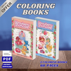 May include: Two Strawberry Shortcake colouring and activity books. The left book is pink with the title Berry Best Friends, and the right book is blue with the title Rock 'N' Berry Roll. Both feature illustrations of characters and strawberries.