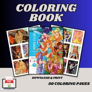 Könnte beinhalten: Ein digitales Winx Club Malbuch mit 50 Seiten voller Illustrationen verschiedener Charaktere mit Flügeln und bunten Outfits. Das Cover zeigt den Text Winx Club, Coloriages und mydhee. Ein PDF-Symbol ist unter den Seiten abgebildet.