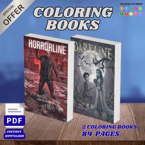 Könnte beinhalten: Zwei digitale Malbücher mit den Titeln Horrorline und Darkline, insgesamt 84 Seiten. Das Cover von Horrorline zeigt eine maskierte Figur in einer roten Landschaft, während das Cover von Darkline ein Paar auf einem Friedhof darstellt.