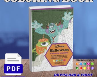 May include: A Disney Halloween color-by-number coloring book featuring a green monster and a pumpkin-headed character on the cover. The cover includes the text Disney Halloween Color-by-number, along with a numbered color palette and 25 pages.