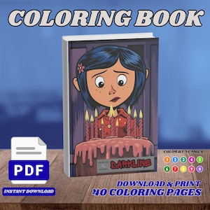 Può includere: Un libro da colorare intitolato DARKLINE con un'illustrazione di un personaggio dai capelli blu scuro e camicia rossa dietro una torta glassata rosa con candele accese. La copertina include il testo COLORING BOOK e COLOR BY NUMBER.