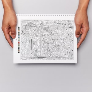 Pu&ograve; includere: Una pagina di libro da colorare con i numeri a spirale che presenta un disegno al tratto in bianco e nero di tre persone. L'immagine contiene sezioni numerate da colorare e una striscia verticale con la legenda dei colori a sinistra.