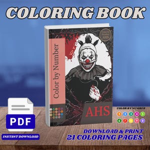 Könnte beinhalten: Ein digitales Malbuch mit dem Titel Color by Number AHS, das eine Clown-Illustration mit roter Nase, spitzen Zähnen und einem blutverschmierten Hintergrund zeigt, der von Stacheldraht umgeben ist. Das Cover enthält eine Legende mit nummerierten Kreisen.