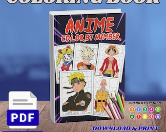 May include: A coloring book titled Anime Color By Number featuring illustrations of various anime characters on the cover. The book includes 30 coloring pages available as a PDF download. Colored pencils are shown next to the book cover.