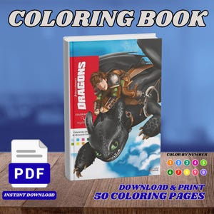 Könnte beinhalten: Ein digitales Malbuch mit einem Titelbild, das eine Figur auf einem schwarzen Drachen zeigt. Das Cover enthält den Text DRAGONS, COLORING BOOK, COLOR BY NUMBER sowie DOWNLOAD & PRINT 50 COLORING PAGES. Ein PDF-Symbol ist links zu sehen.