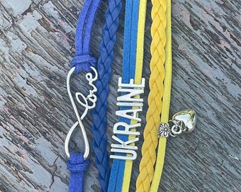 Love Ukraine Bracelet | Blue and Yellow Leather Wrap | Heart Charm | Support Ukraine Gift | Handmade Friendship Bracelet