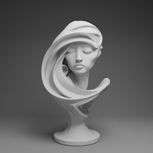 May include: A white sculpture of a woman's bust with flowing hair. The sculpture features closed eyes and a serene expression. The hair is sculpted in swirling, layered forms, creating a dynamic and artistic effect. The bust sits on a pedestal base.