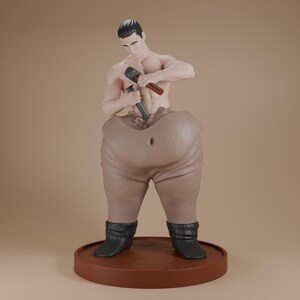 Op de afbeelding: Een sculptuur van een persoon die zijn eigen torso bewerkt met een hamer en beitel. De figuur is naakt van de taille omhoog, met een lichtbruin lichaam en zwarte laarzen. De sculptuur staat op een bruine, cirkelvormige basis.
