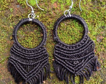 bohemian BLACK MACRAME onyx crochet earrings gypsy witchy boho